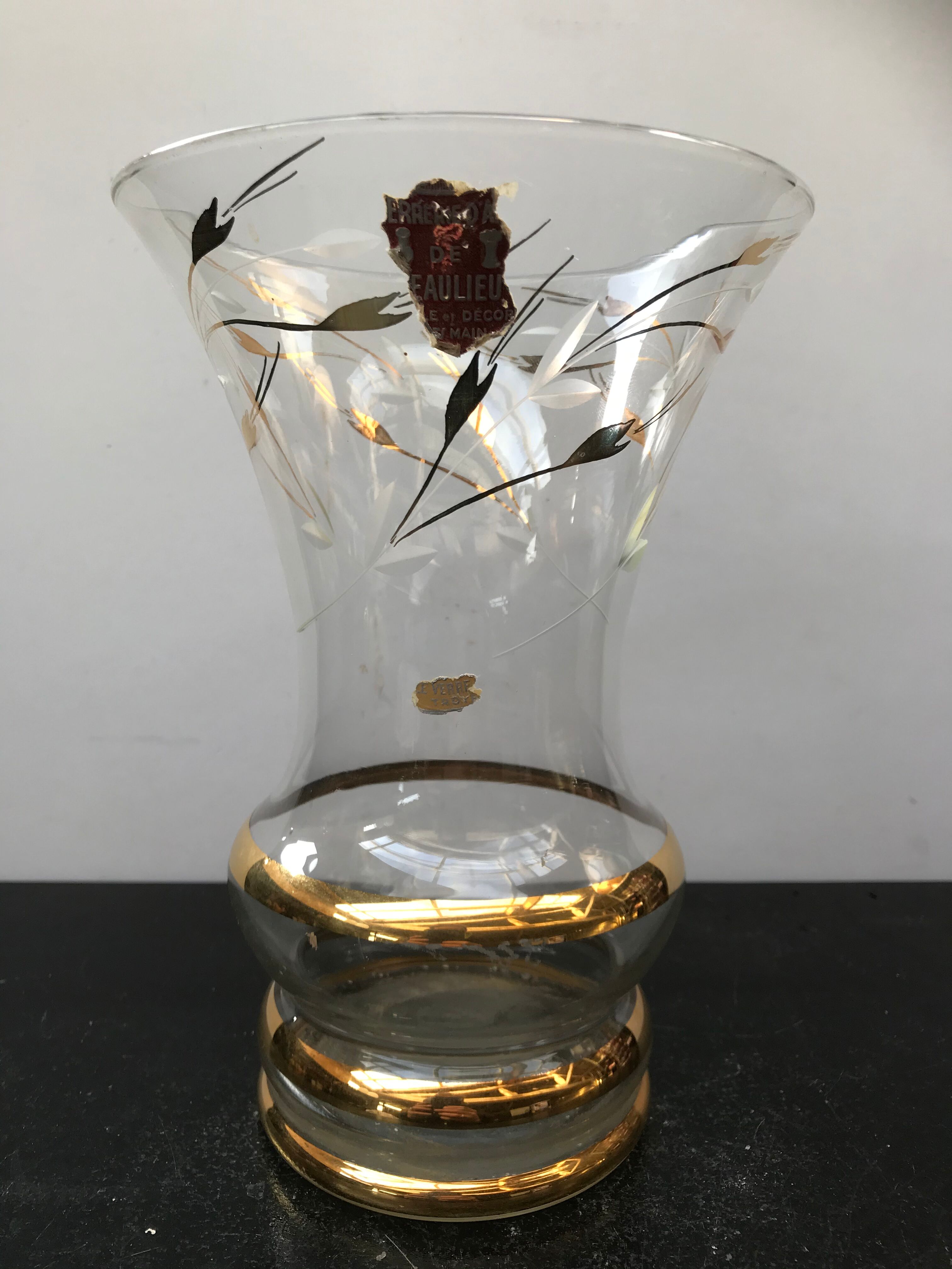 Vase art glassware Beaulieu glass decor vintage golden flowers