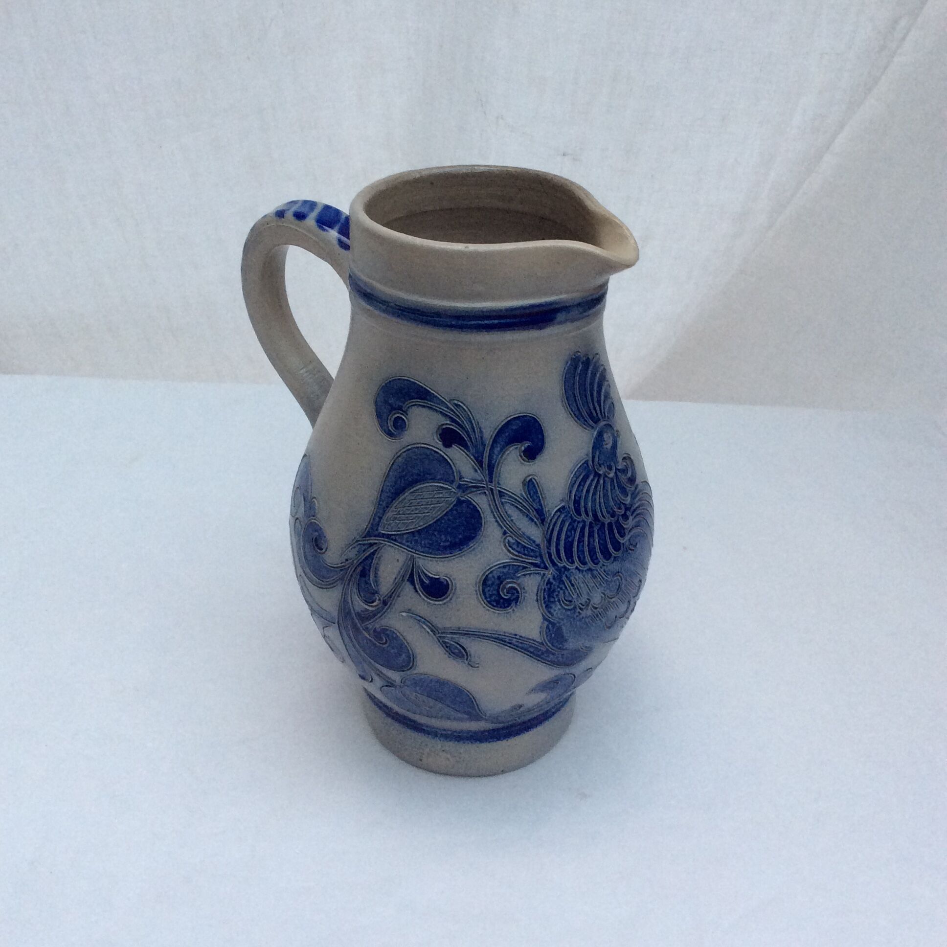 Old sandstone pitcher signed cobalt color and light gray dimension: height -22.5 cm- width -18.5