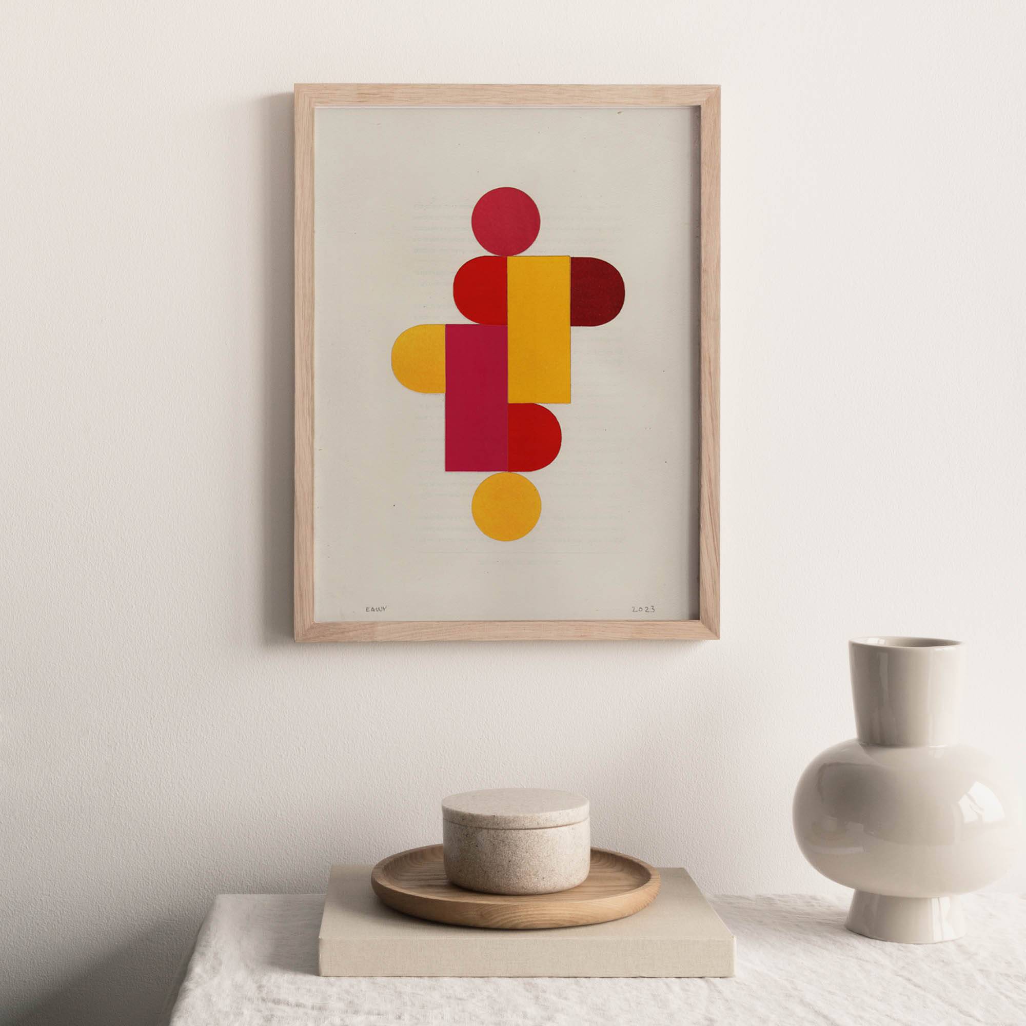 Collage on old paper - Pop yellow red and pink - signed eawy