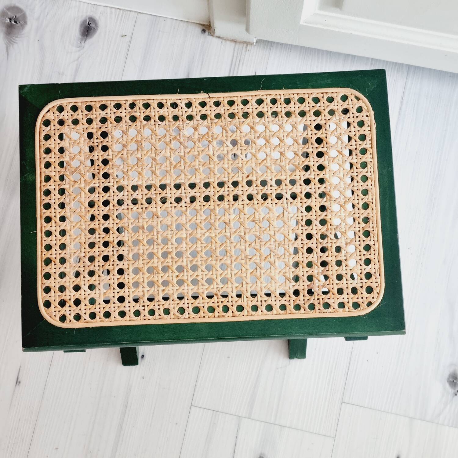 Small folding stool in green wood and cane