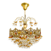 Exceptional vintage chandelier in Murano-style orange crystal, brass.