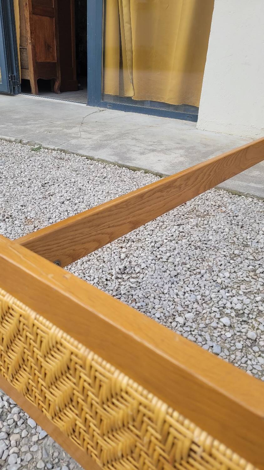 Vintage rattan and solid oak bed 1950s design