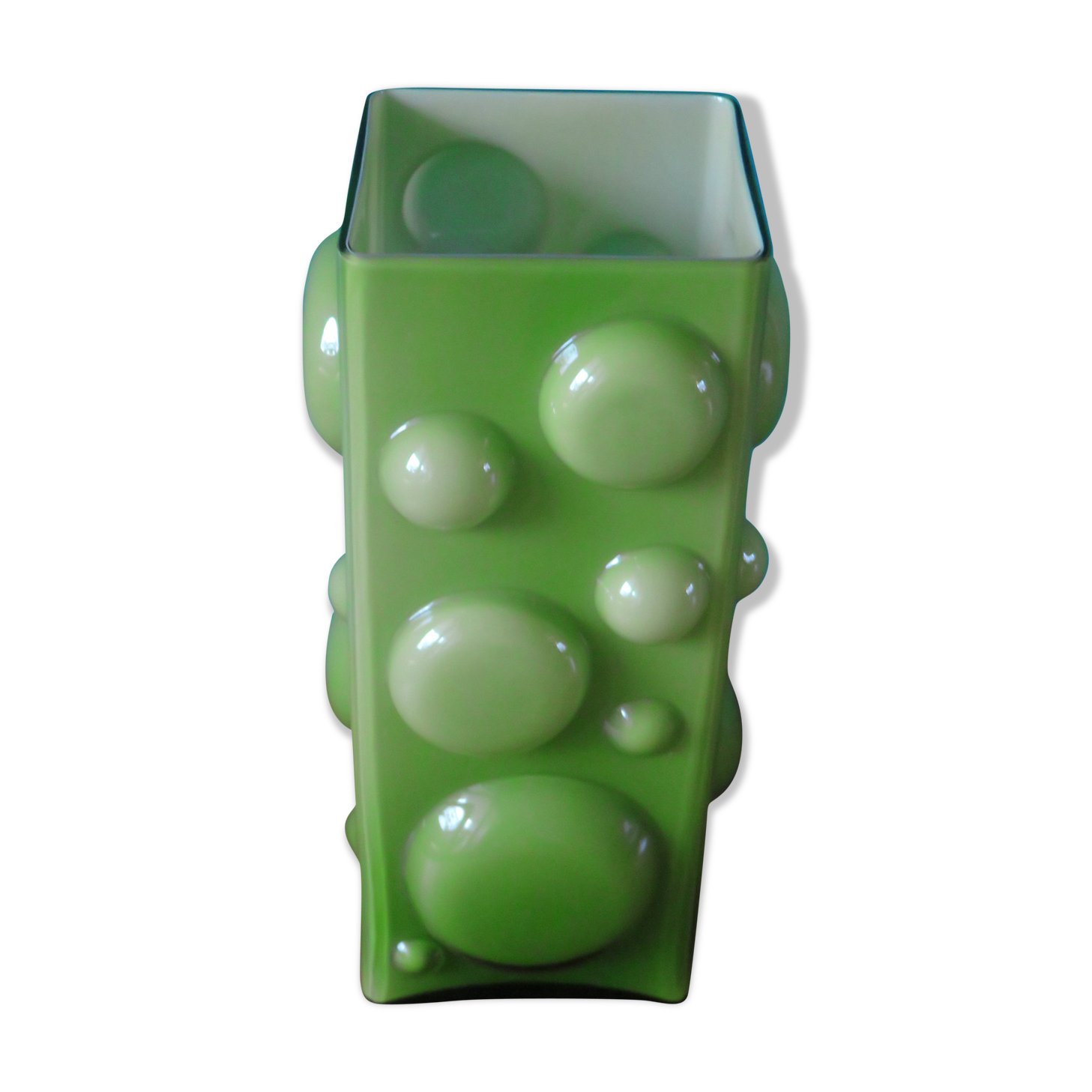 Square vase with half-bubbles in apple green double-layered glass - Denmark 1975