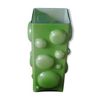 Large square vase with half-bubble glass lined with apple green - Denmark 1975
