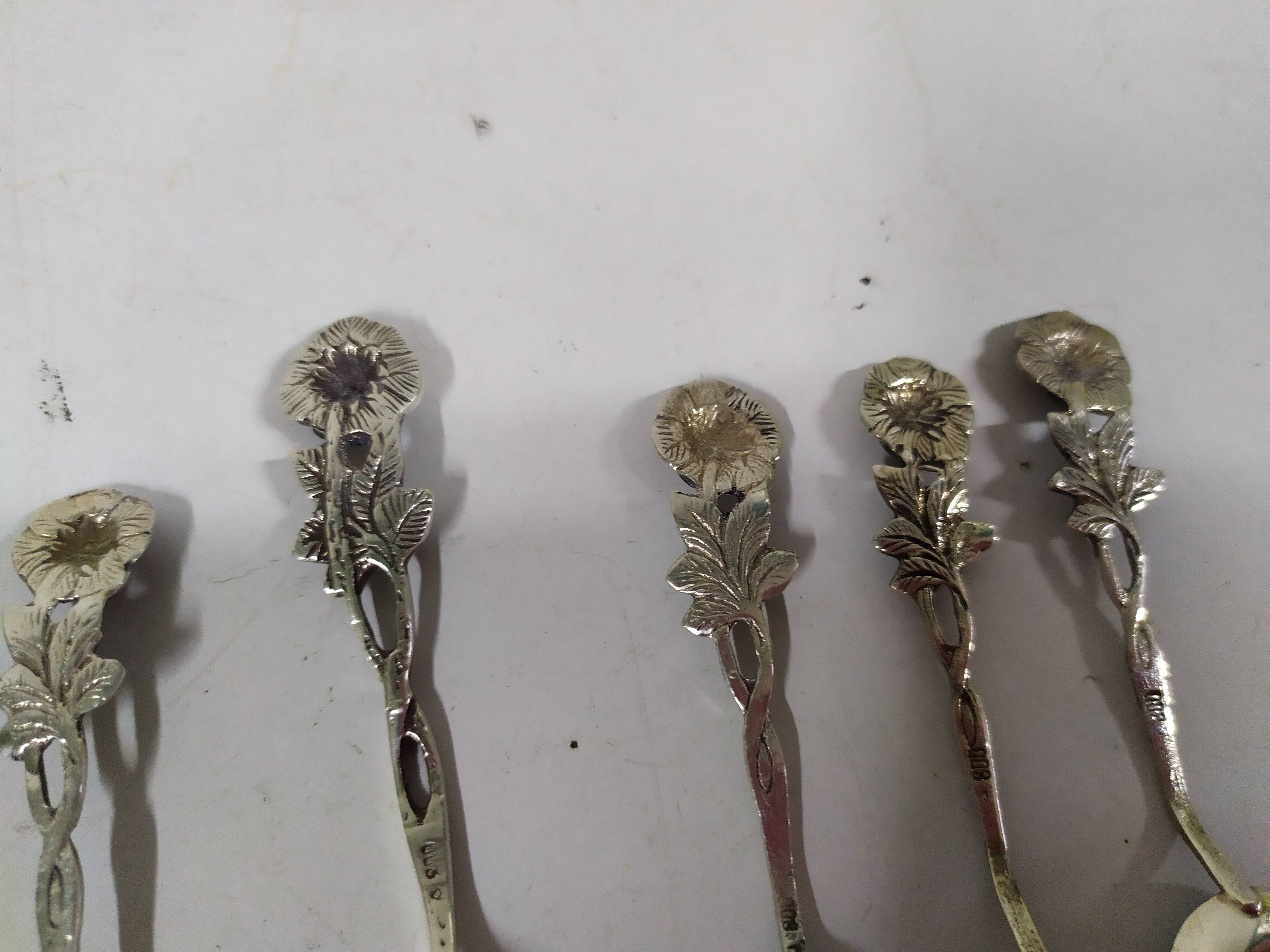 Lot de 6 cuilleres a moka cafe et 1 cuillère à sucre argent massif 800 - art déco rose