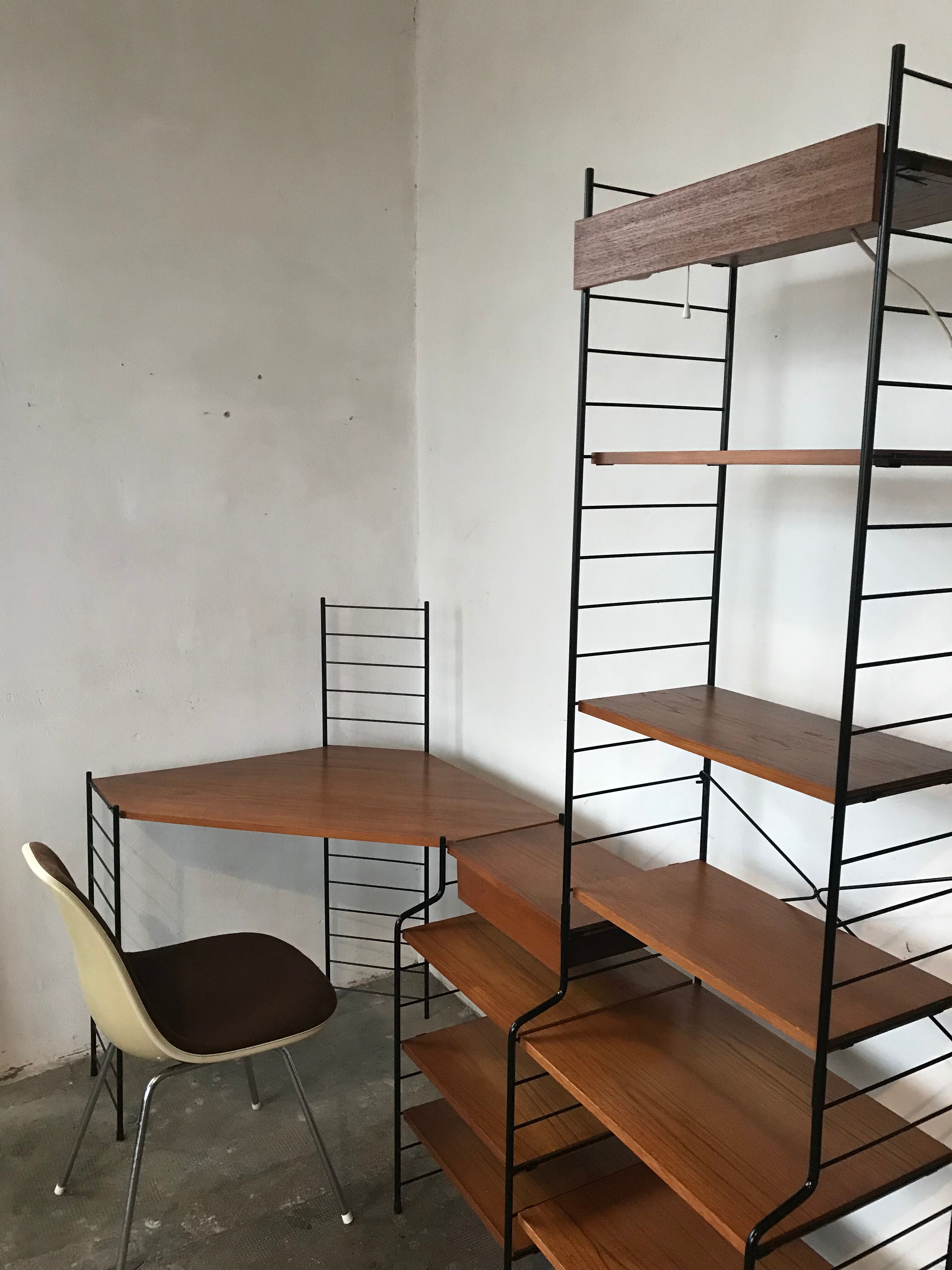Modular vintage string wall shelf system with 1960-1980's desk