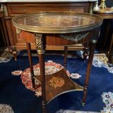 Bouillotte table pedestal table with marquetry decoration and bronze ornaments in the Louis style