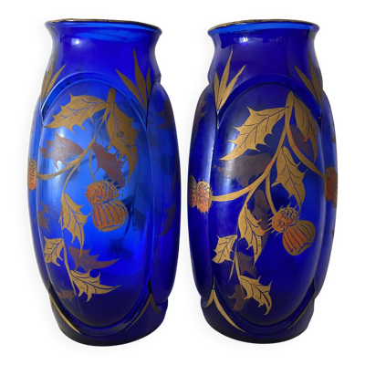 Paire de vases art nouveau  bleu cobalt ,chardons