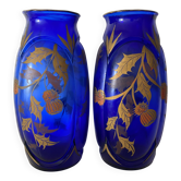 Pair of cobalt blue art nouveau vases with thistles
