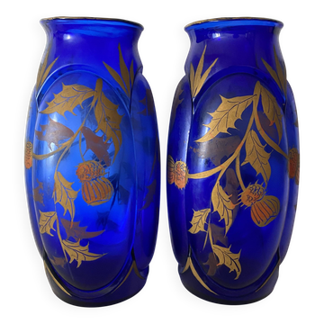 Pair of cobalt blue art nouveau vases with thistles