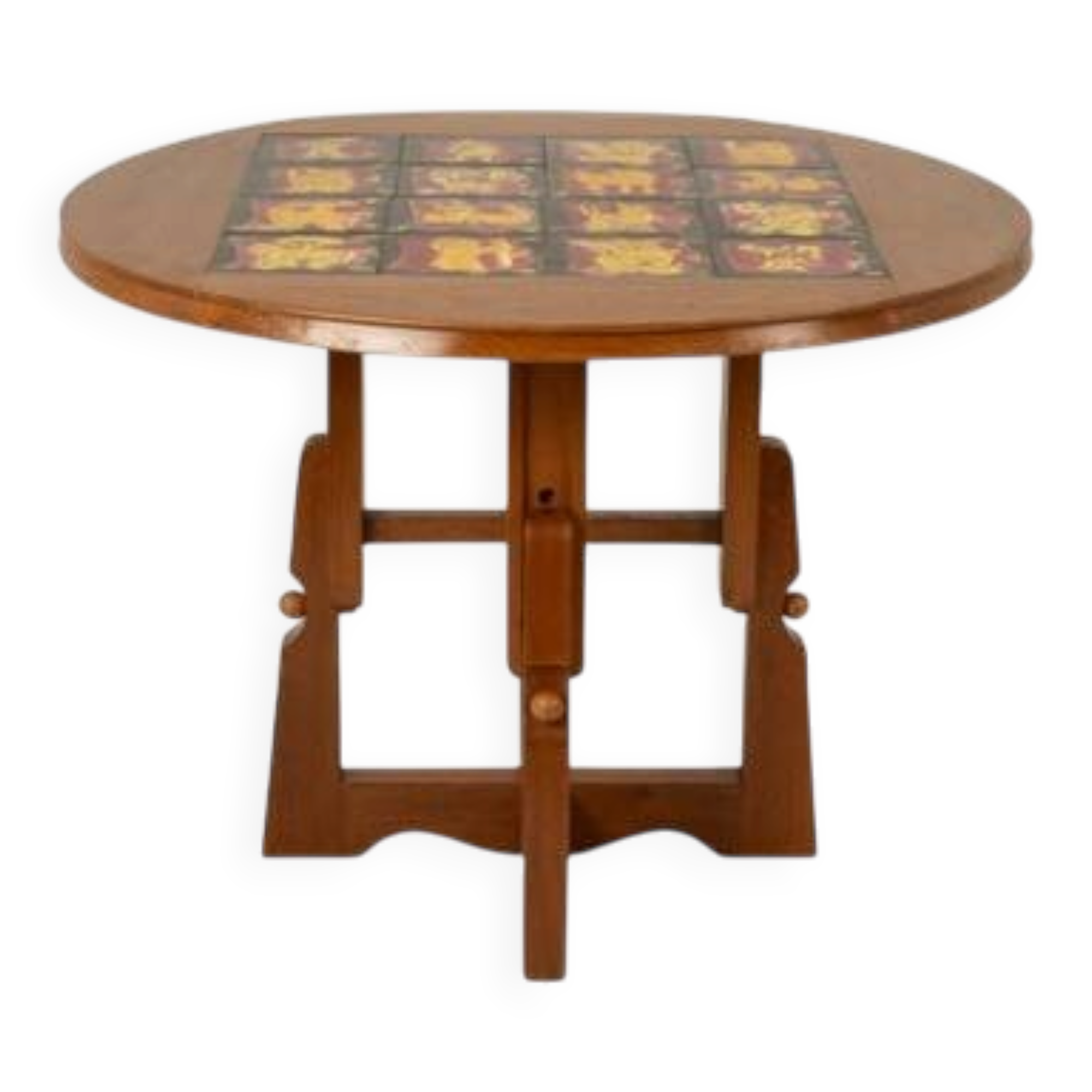 Guillerme and Chambron. Oak and ceramic side table. 1970s-80s.