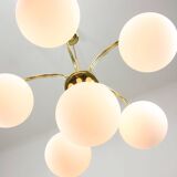 Vintage Golden & Opaline Glass 5-Arm Chandelier, 70s