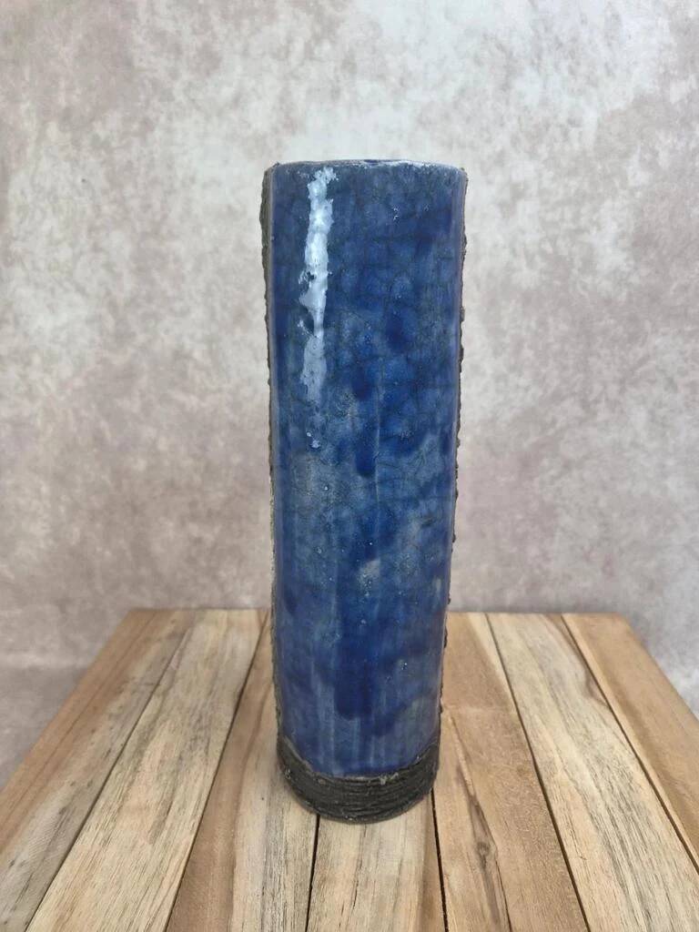 Large workshop vase in blue and green raku style, signed – 30 cm