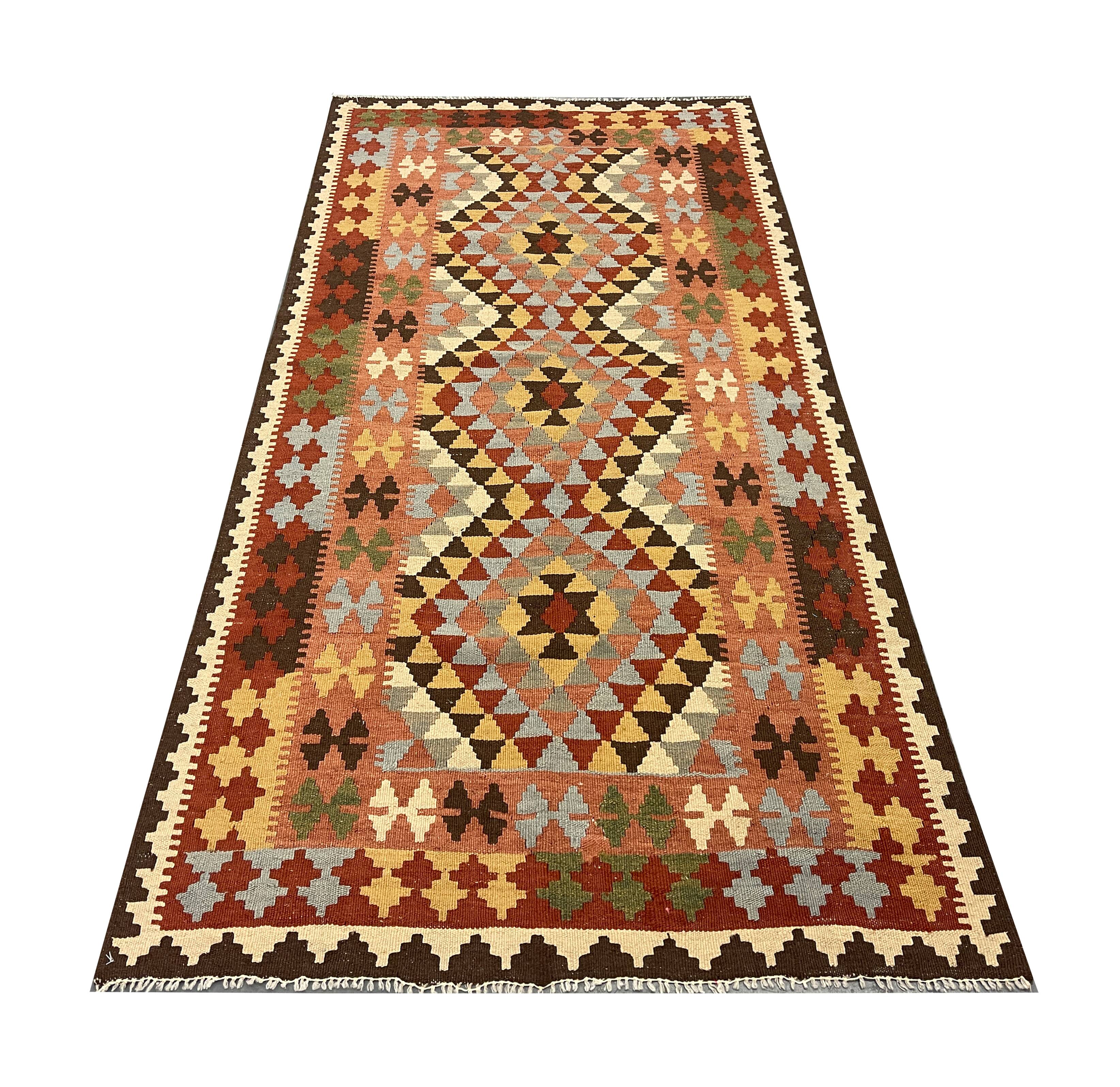 Geometric Kilim Runner Rug, Handmade Wool Contemporary Rug 185 x 103 cm