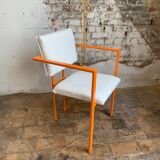 Pair of postmodern orange armchairs and bouclé wool fabric