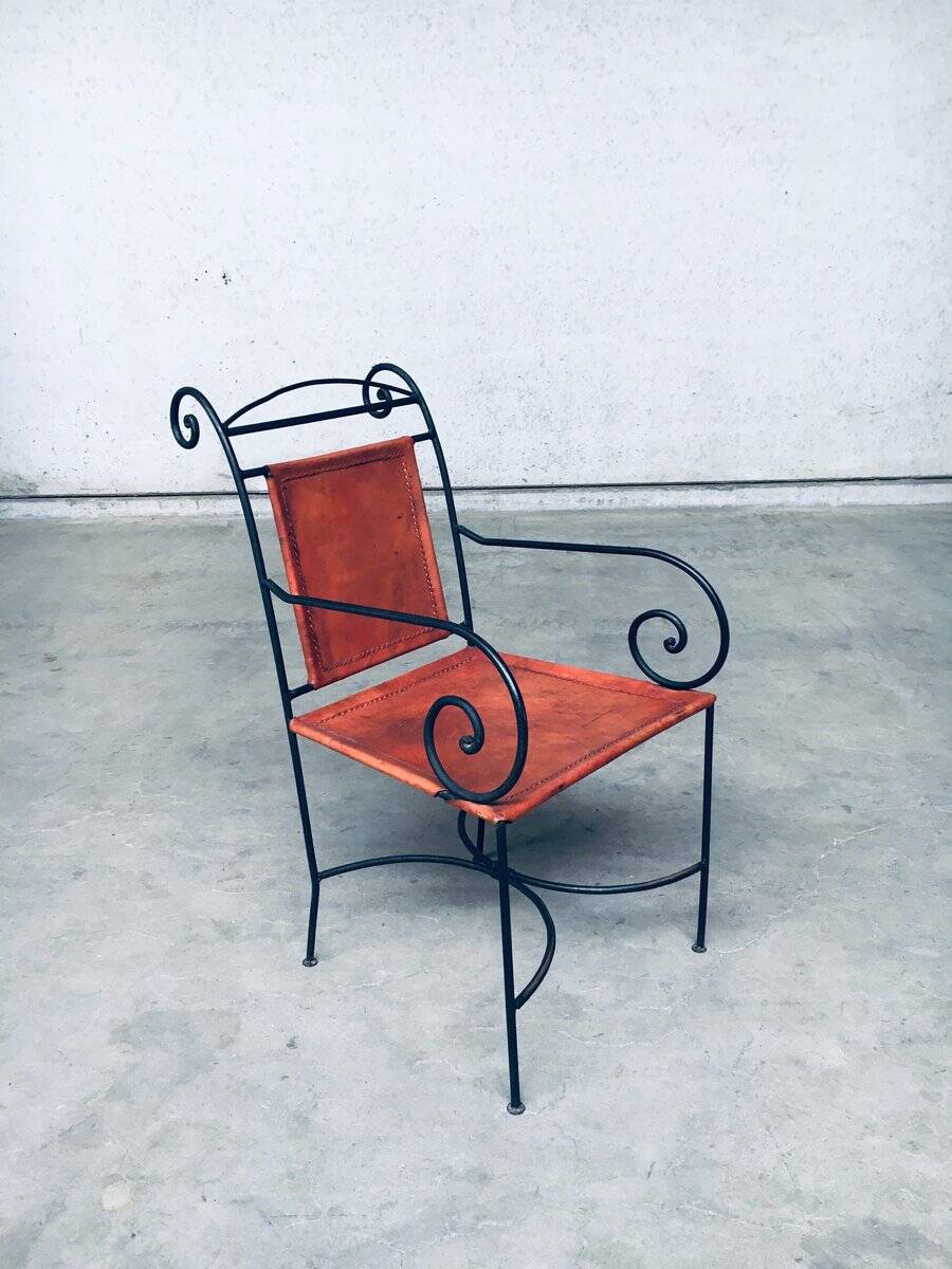 Wrought Iron and Leather Swirl Dining Chairs, Spain, 1960s, Set of 6