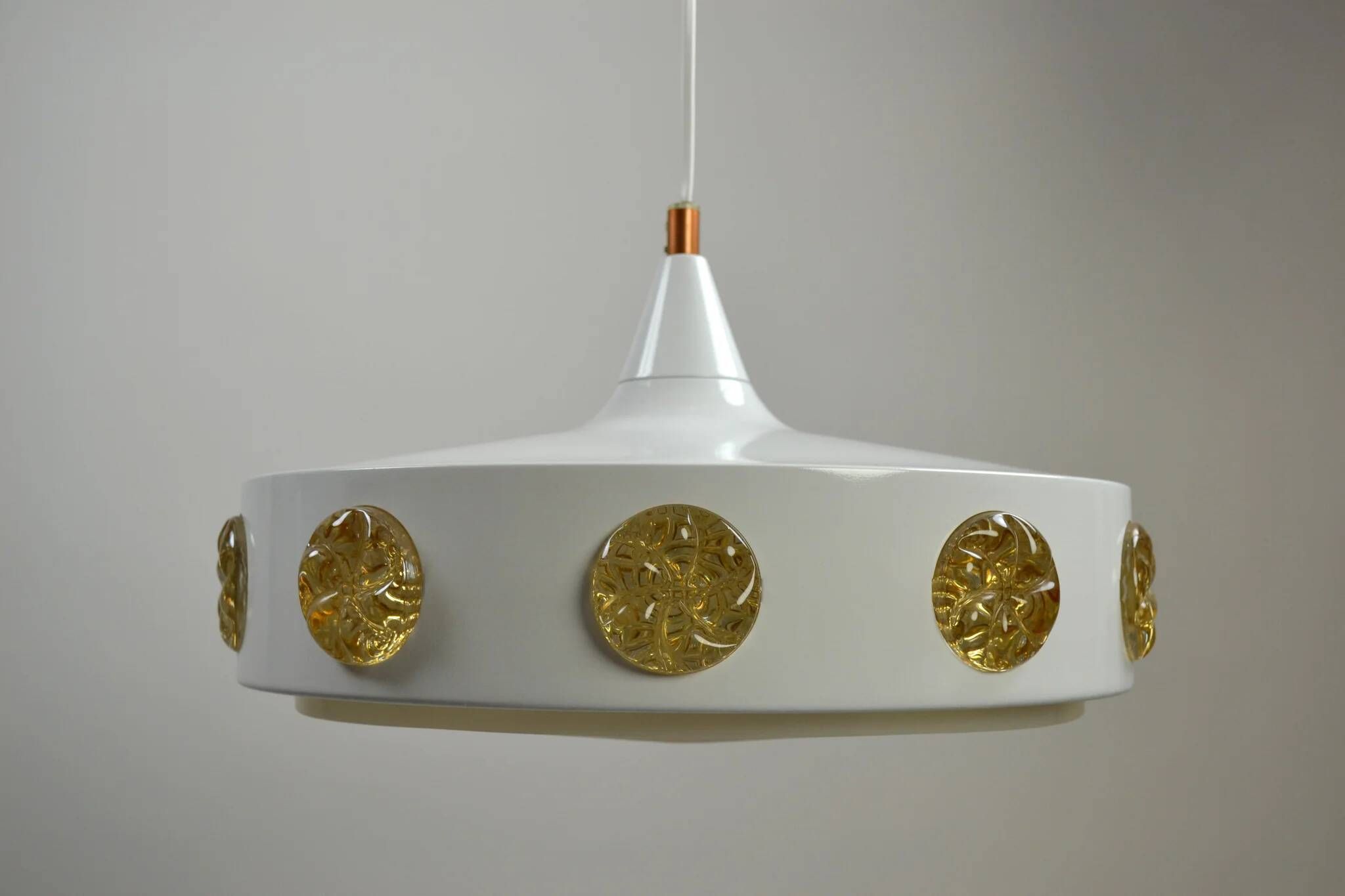 Pendant Lamp with Amber Glass Medallion Inserts — Vitrika, Denmark, 1960s