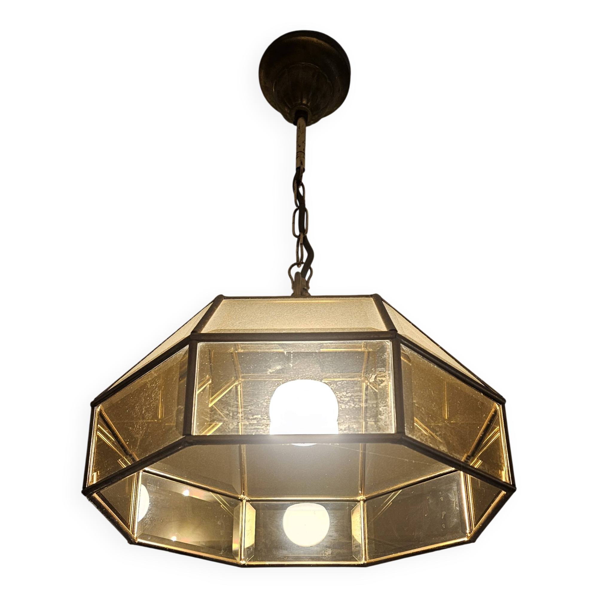 Vintage 70s gold metal smoked glass pendant light – retro design lamp