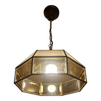 Vintage 70s gold metal smoked glass pendant light – retro design lamp