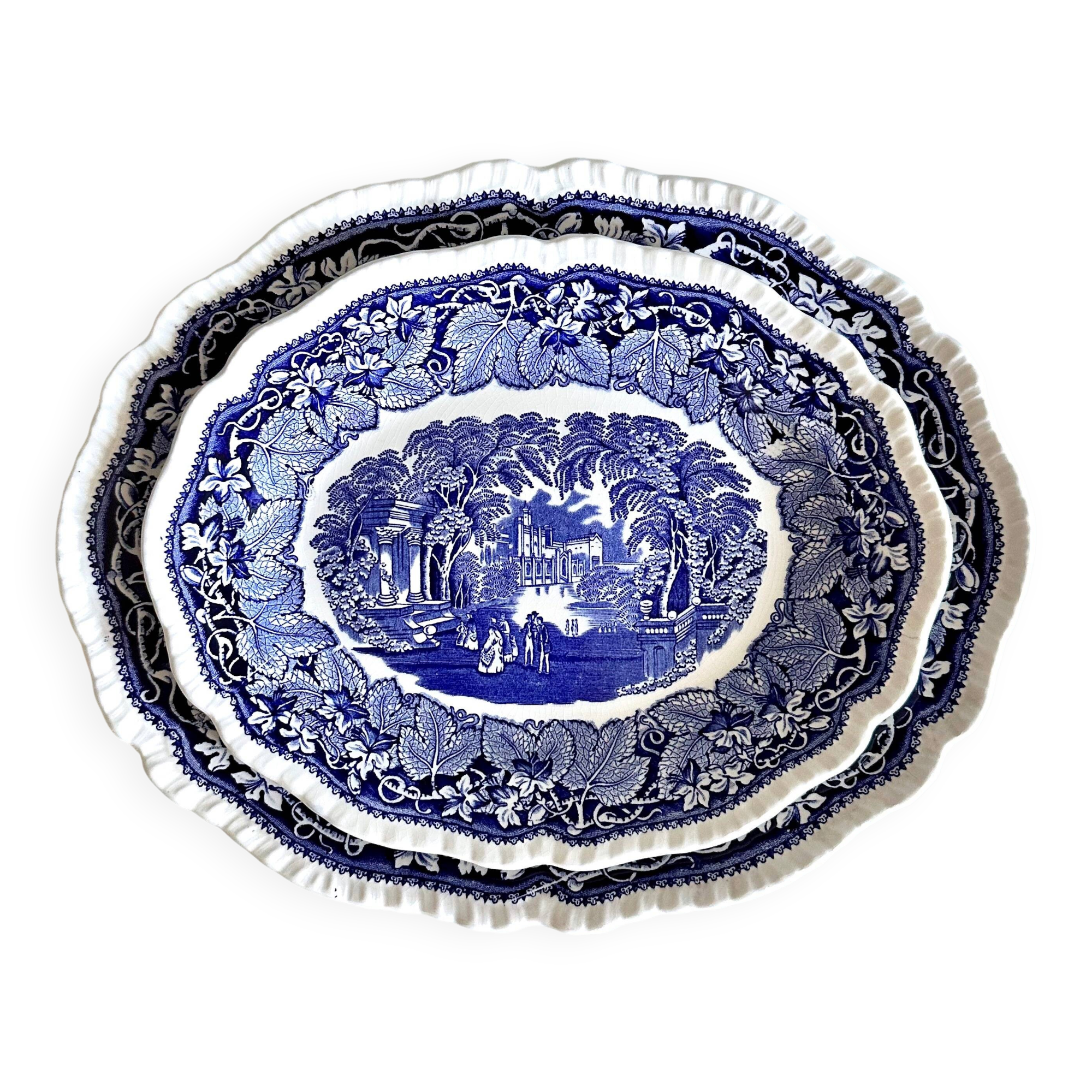 2 plats de service Mason’s Vista Blue – Faïence anglaise bleue et blanche