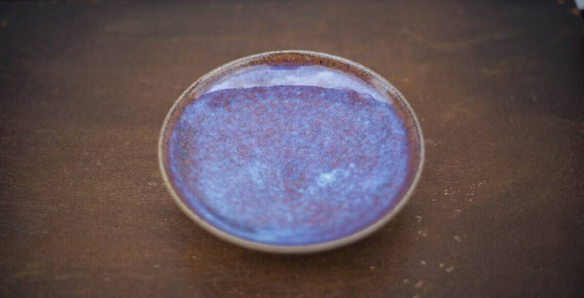 Signed stoneware bowl, glazed stoneware bowl, blue/purple bowl, empty pocket