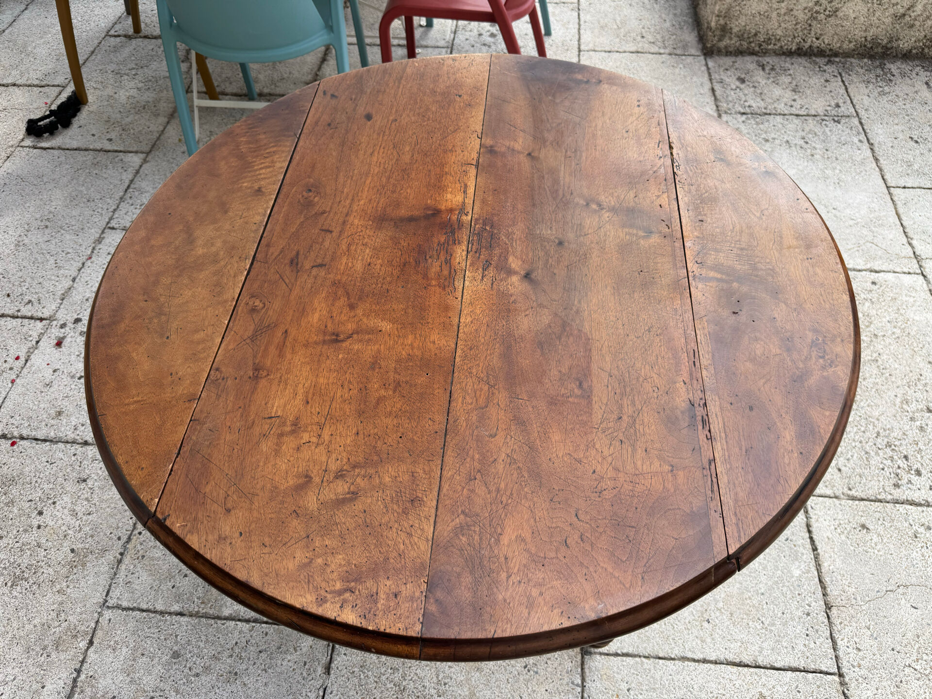 Farm table, two drop-leaves, 19th century, solid walnut.