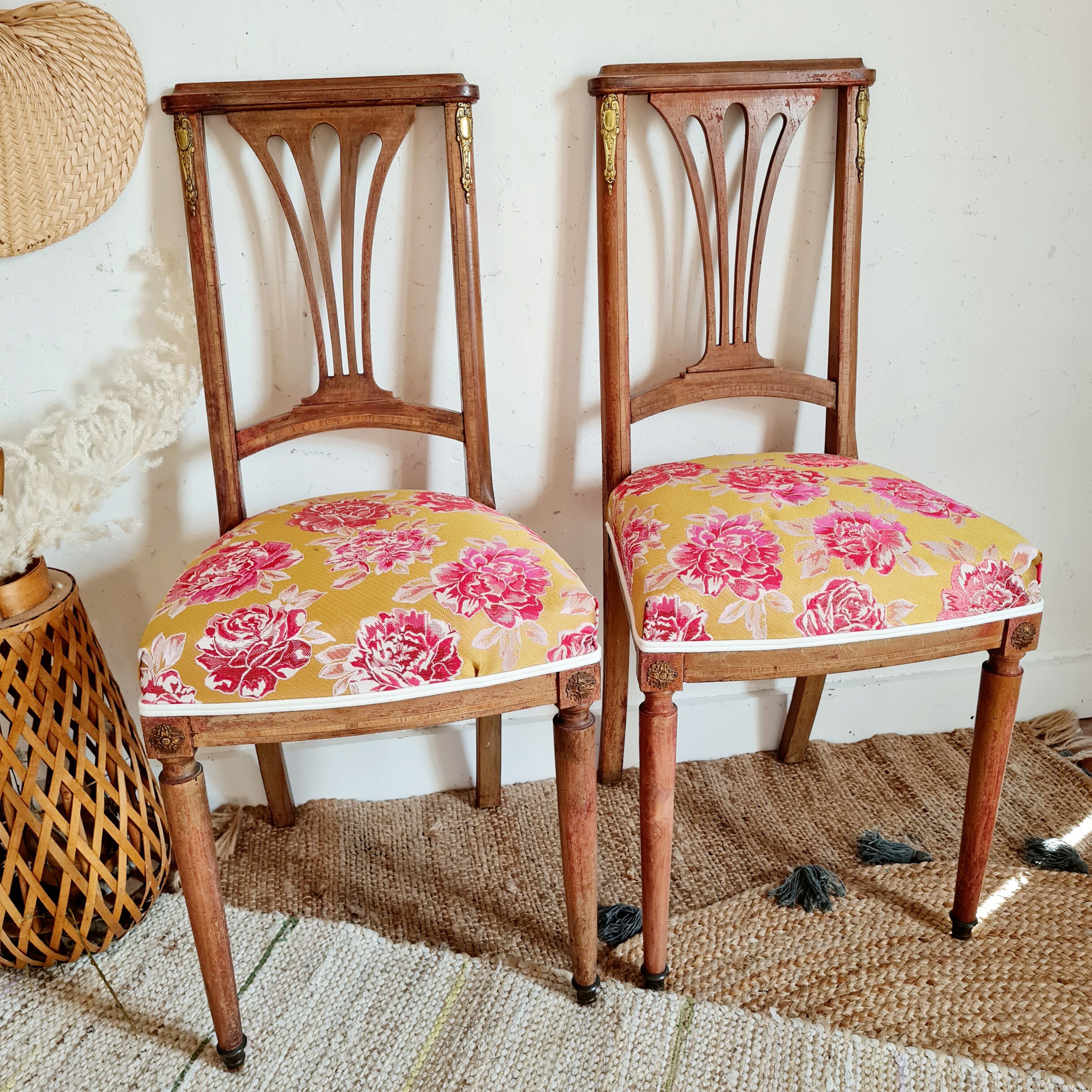 Duo of antique wooden chairs seated redone