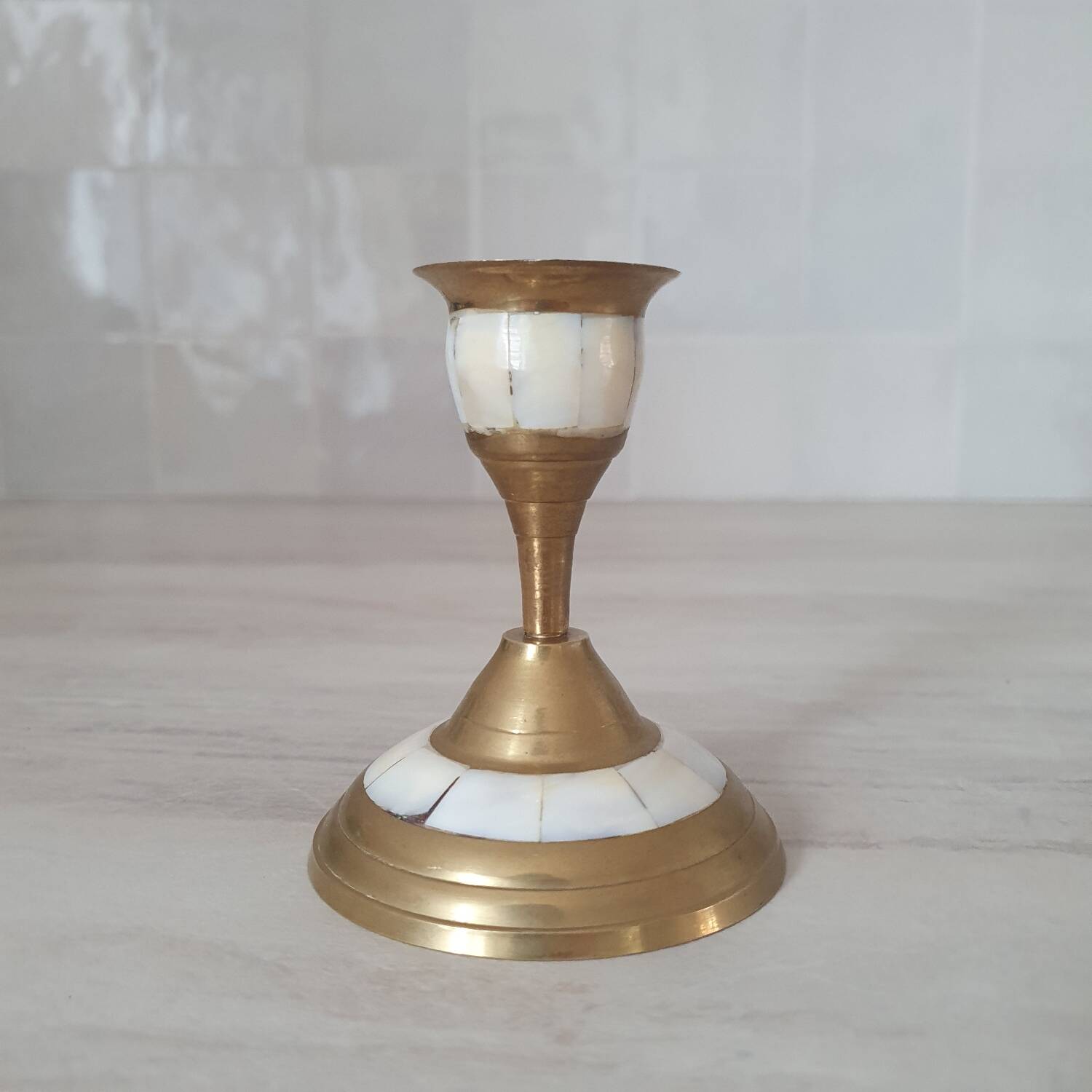 Brass and mother-of-pearl candle holder