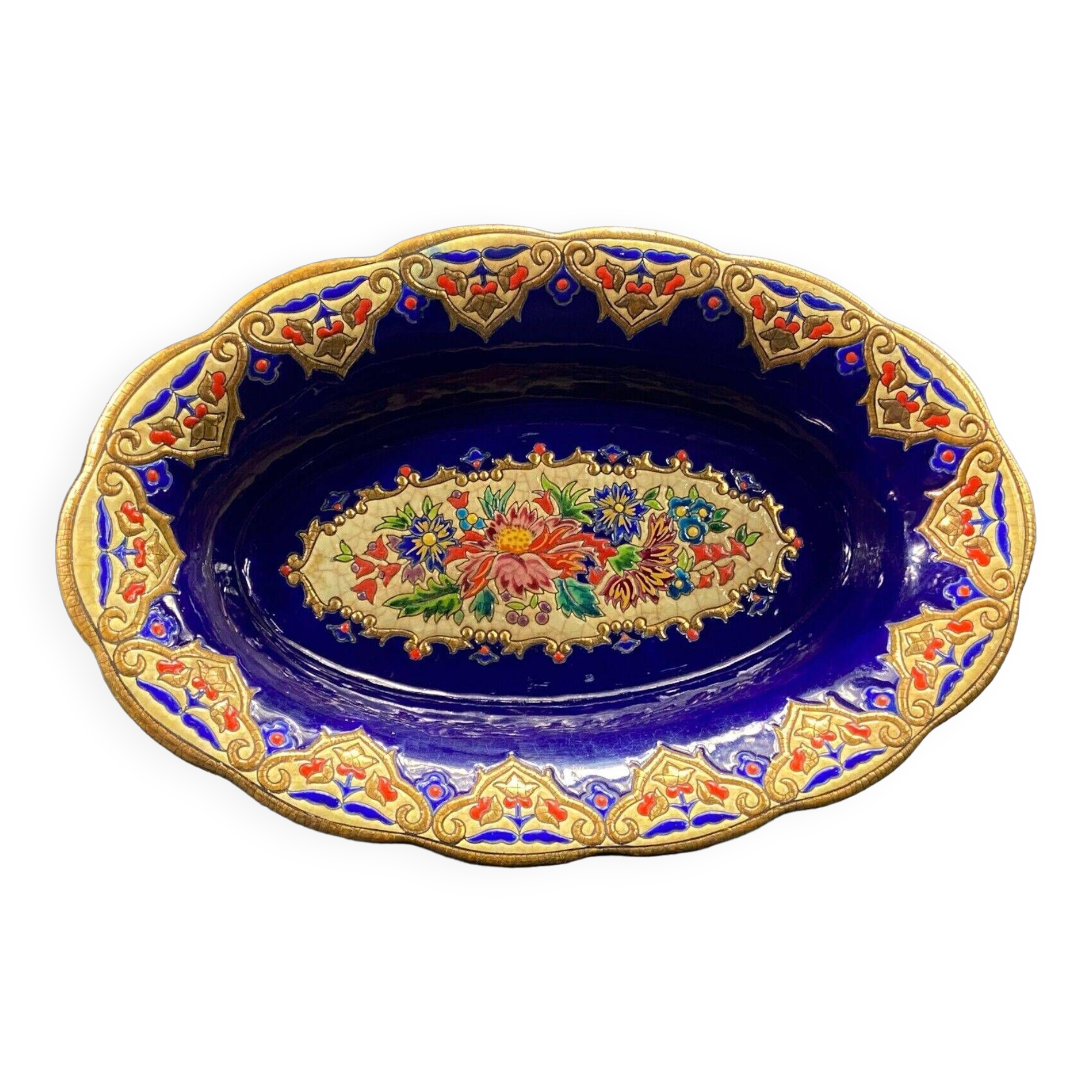 Oblong hollow dish in Longwy earthenware MP Chevallier Renaissance