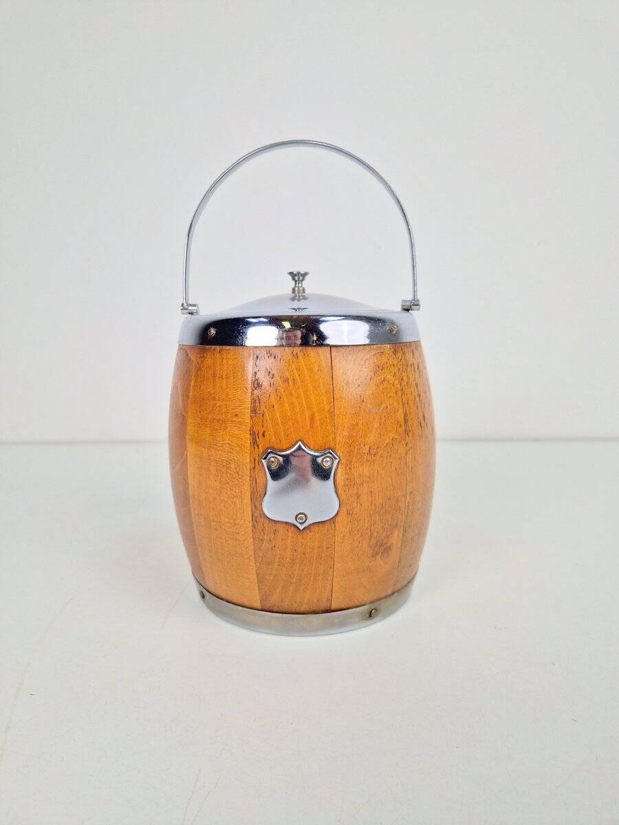 Vintage Wooden Barrel Ice Bucket with Ceramic Interior, 1960s