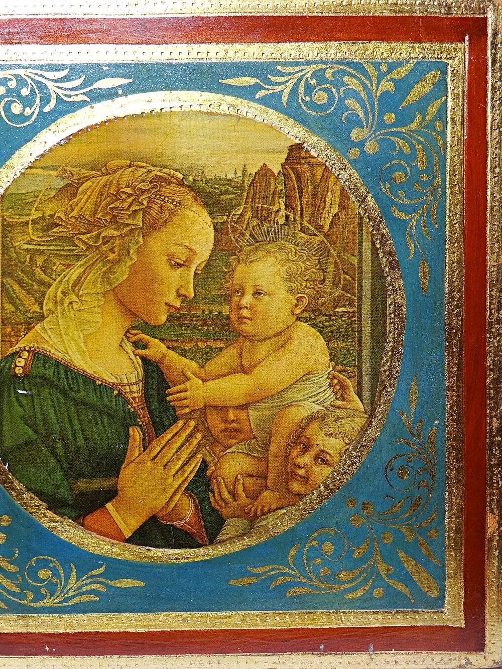 Small Florentine miniature painted wooden plaque "The Adoration" Virgin and Child