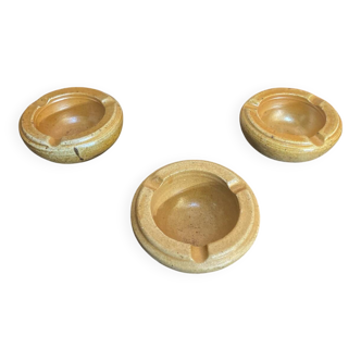Set of 3 Vintage Beige Stoneware Ashtrays Made in France