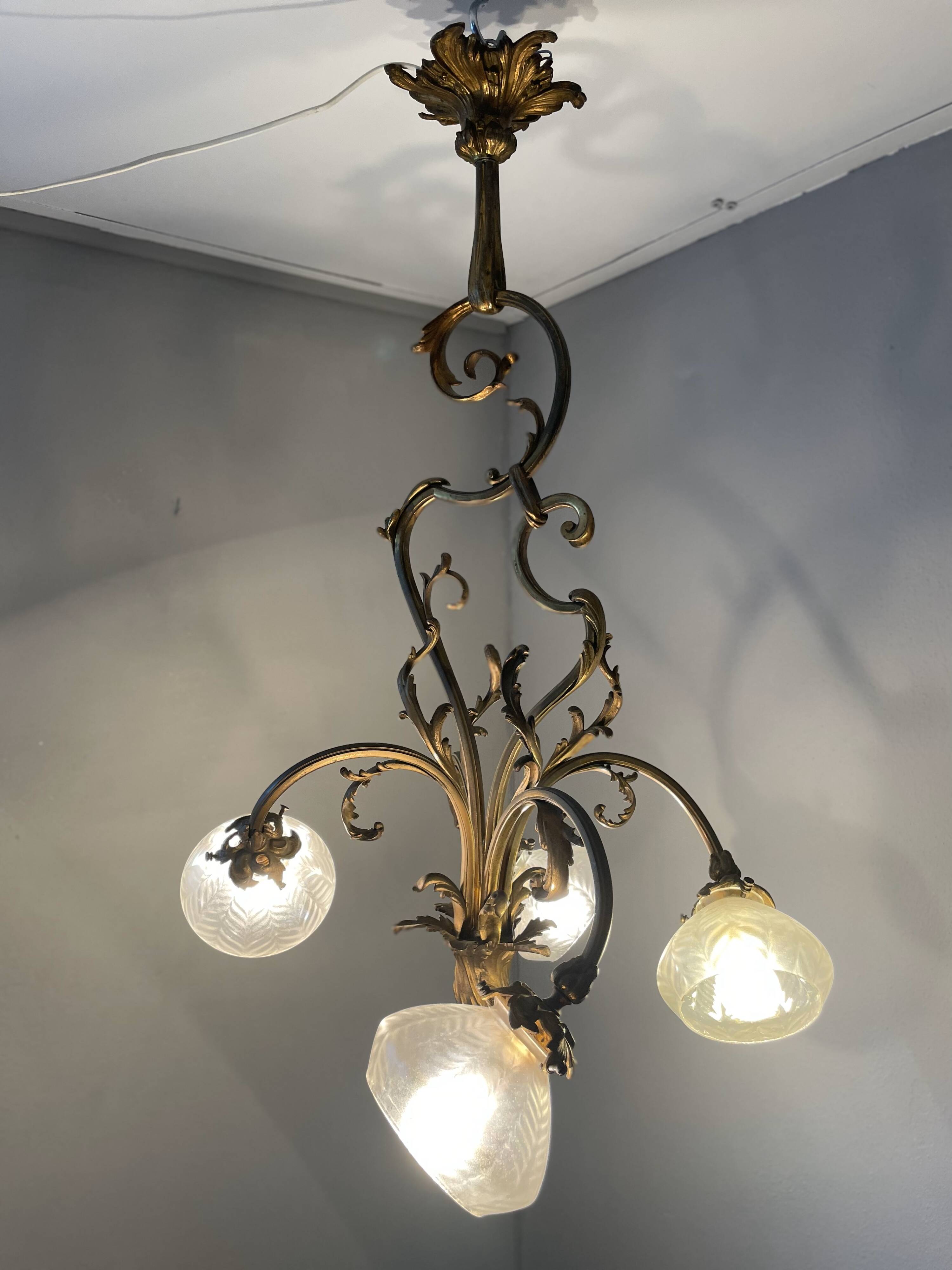 Jugendstil Golden Chandelier with Frosted Glass Shades