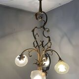Jugendstil Golden Chandelier with Frosted Glass Shades