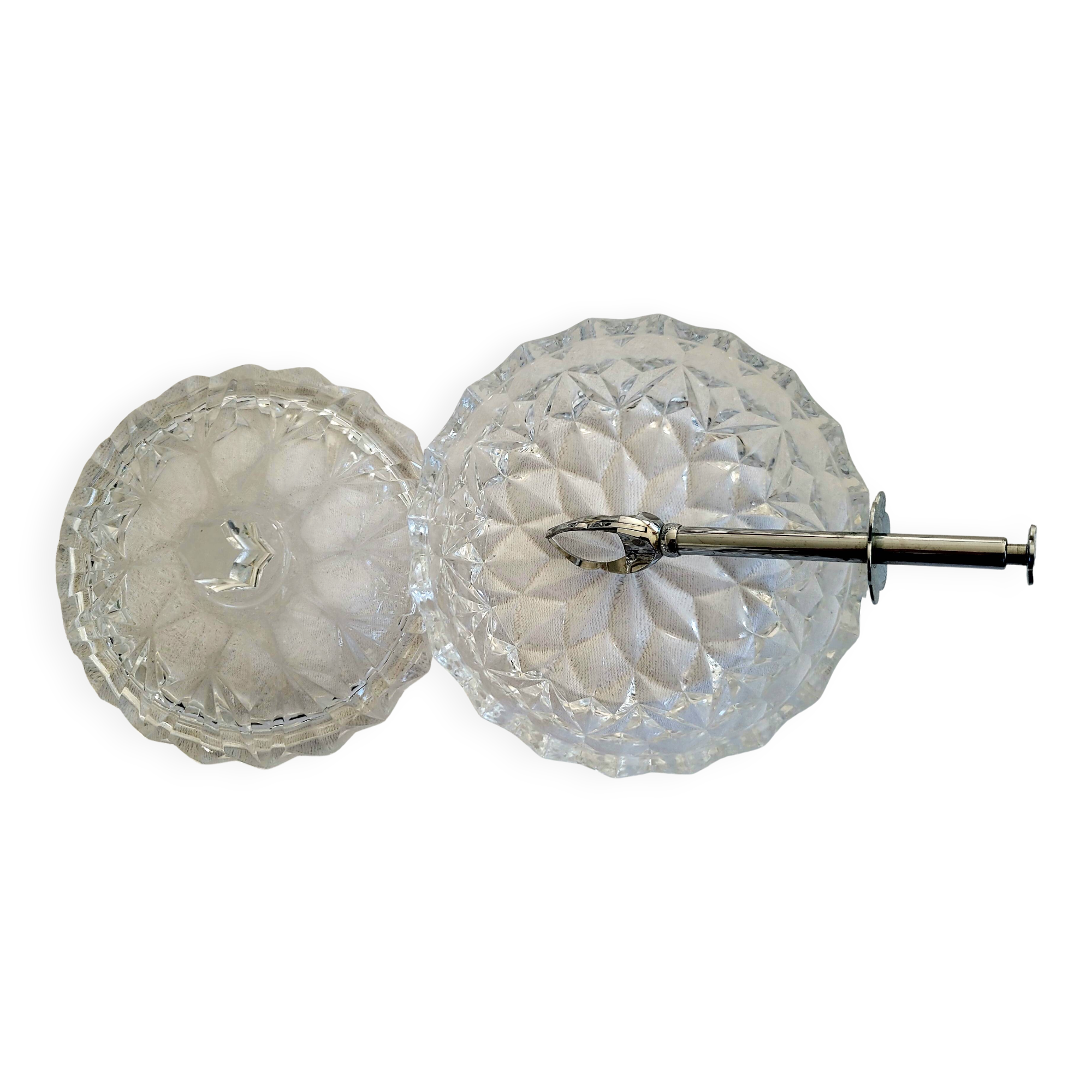Glass sugar bowl with its tongs