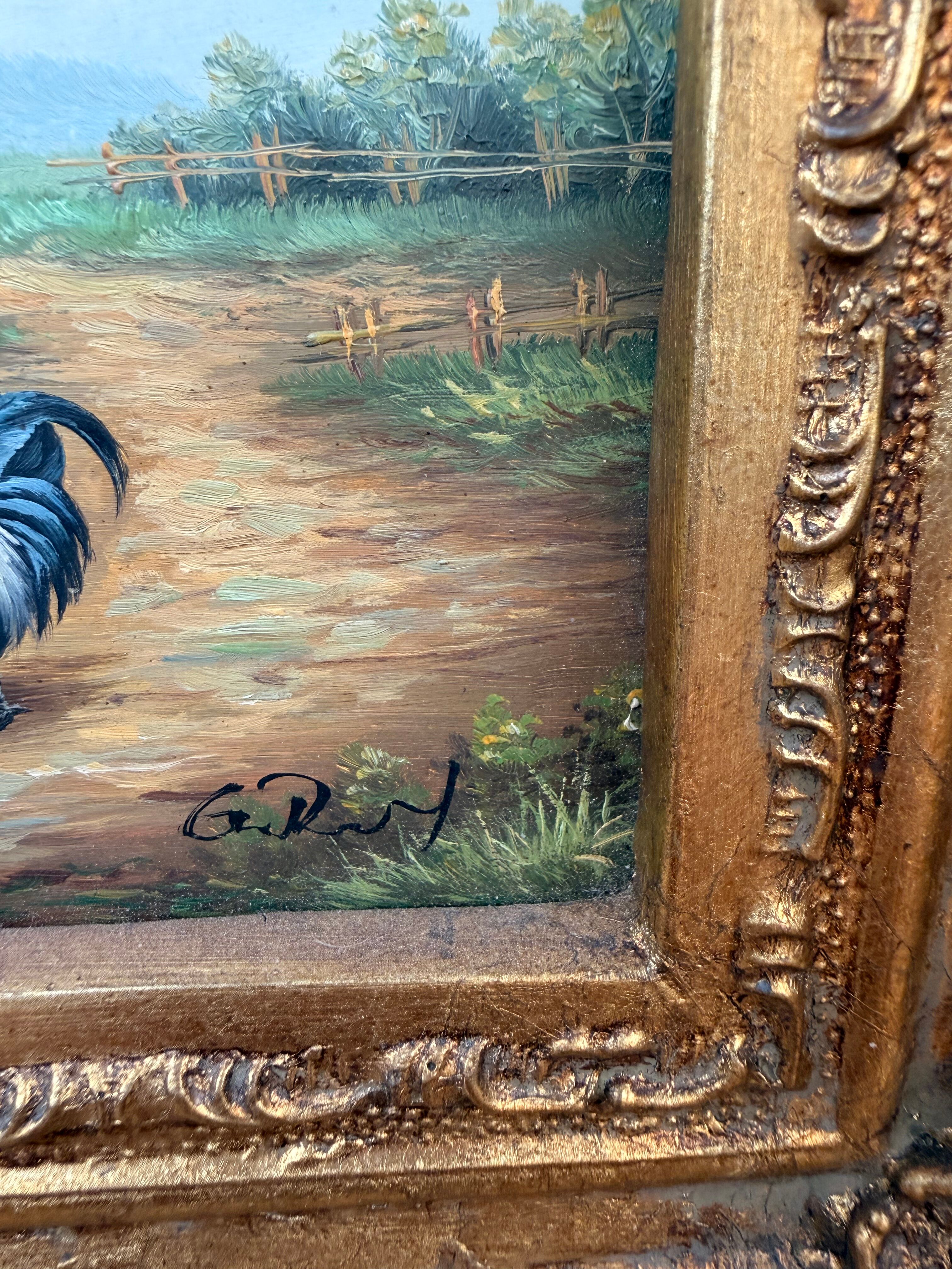 Oil on Panel Signed – Courtyard Scene with Roosters and Hens
