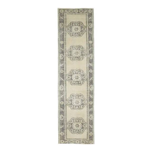 Vintage Turkish Oushak Handmade Wool Cotton Beige Runner 74x285