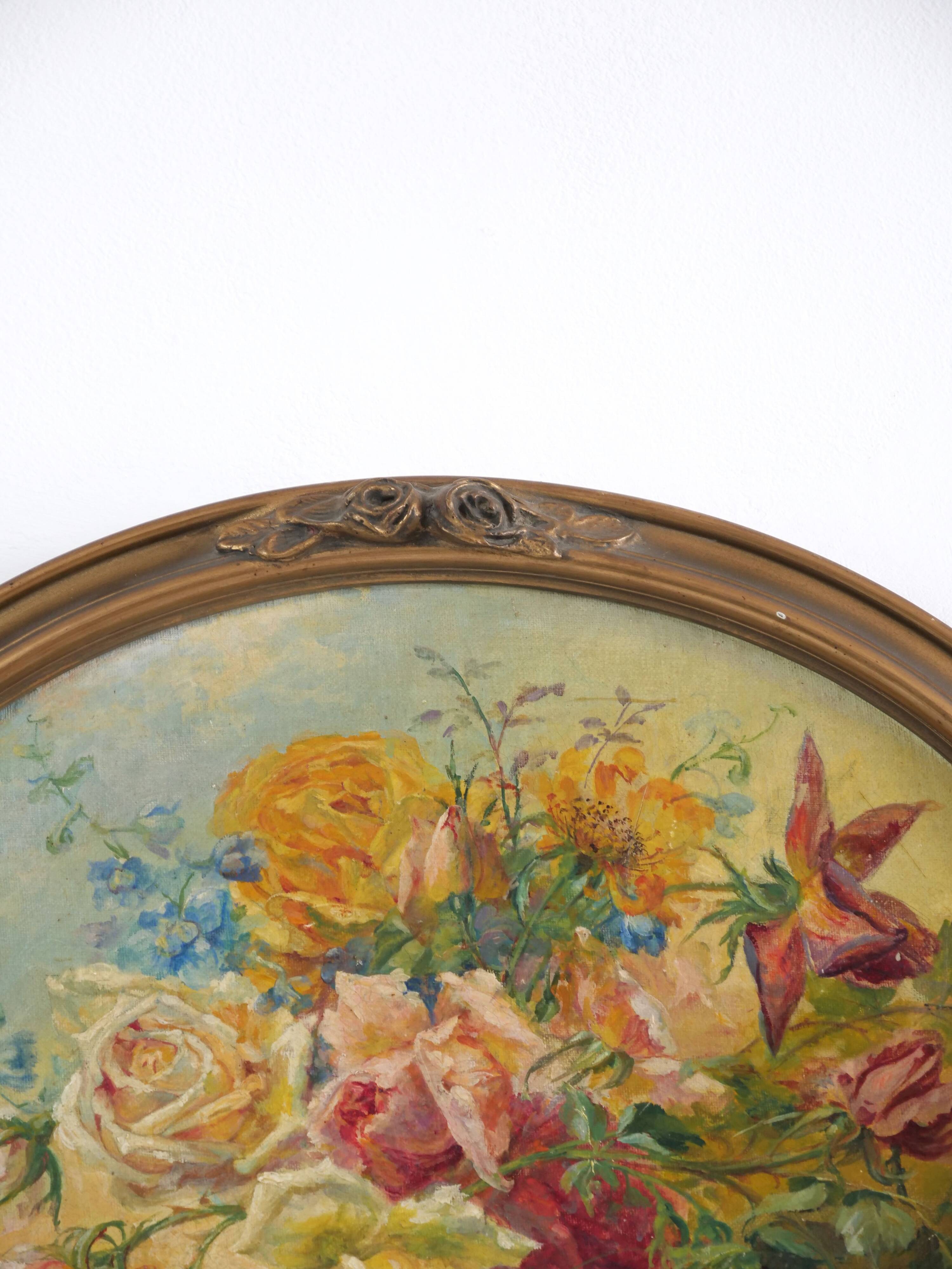 Oil on oval panel "bouquet of flower"