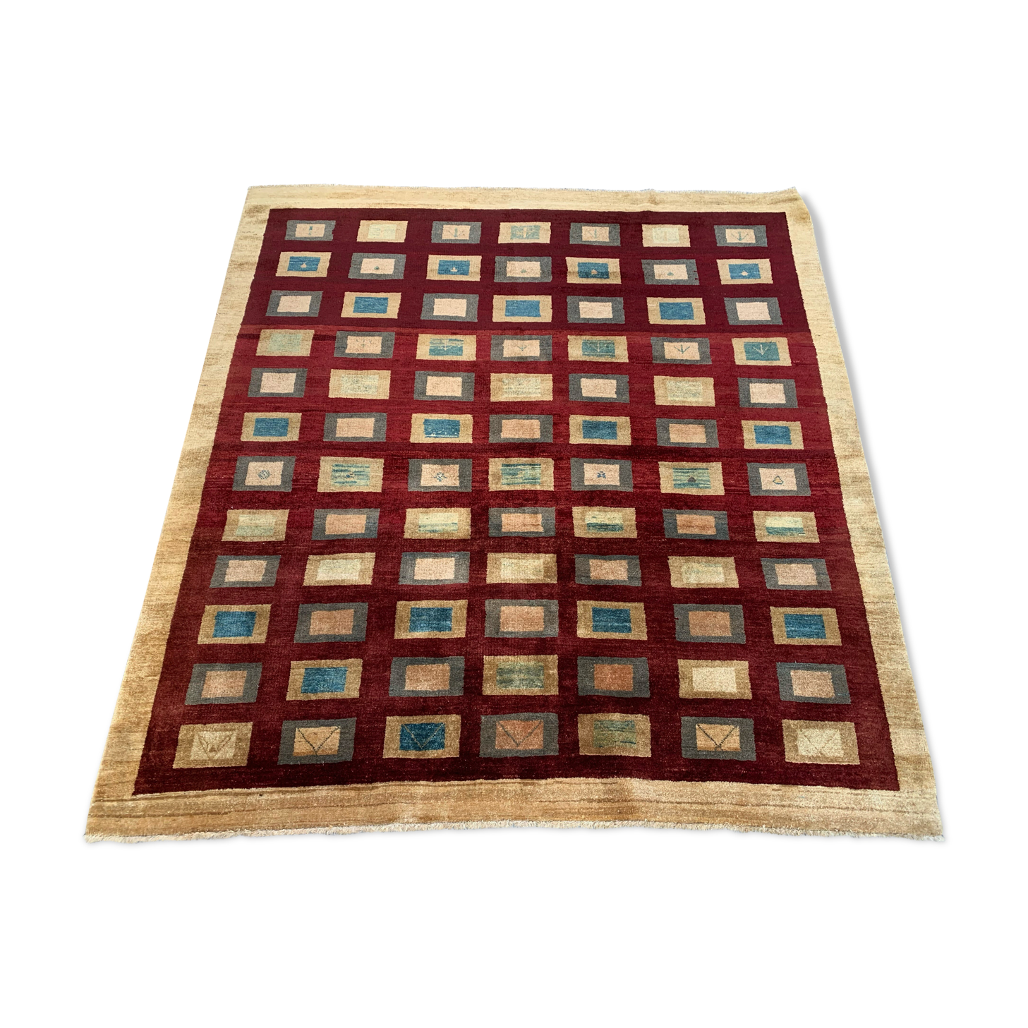 Afghan chobi art deco rug 183x173 cm, square tribal handmade,wool, beige