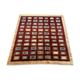 Afghan chobi art deco rug 183x173 cm, square tribal handmade,wool, beige