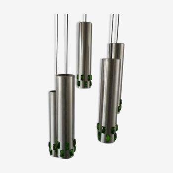 Suspension cascade of aluminum tubes with green glass