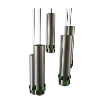 Suspension cascade of aluminum tubes with green glass