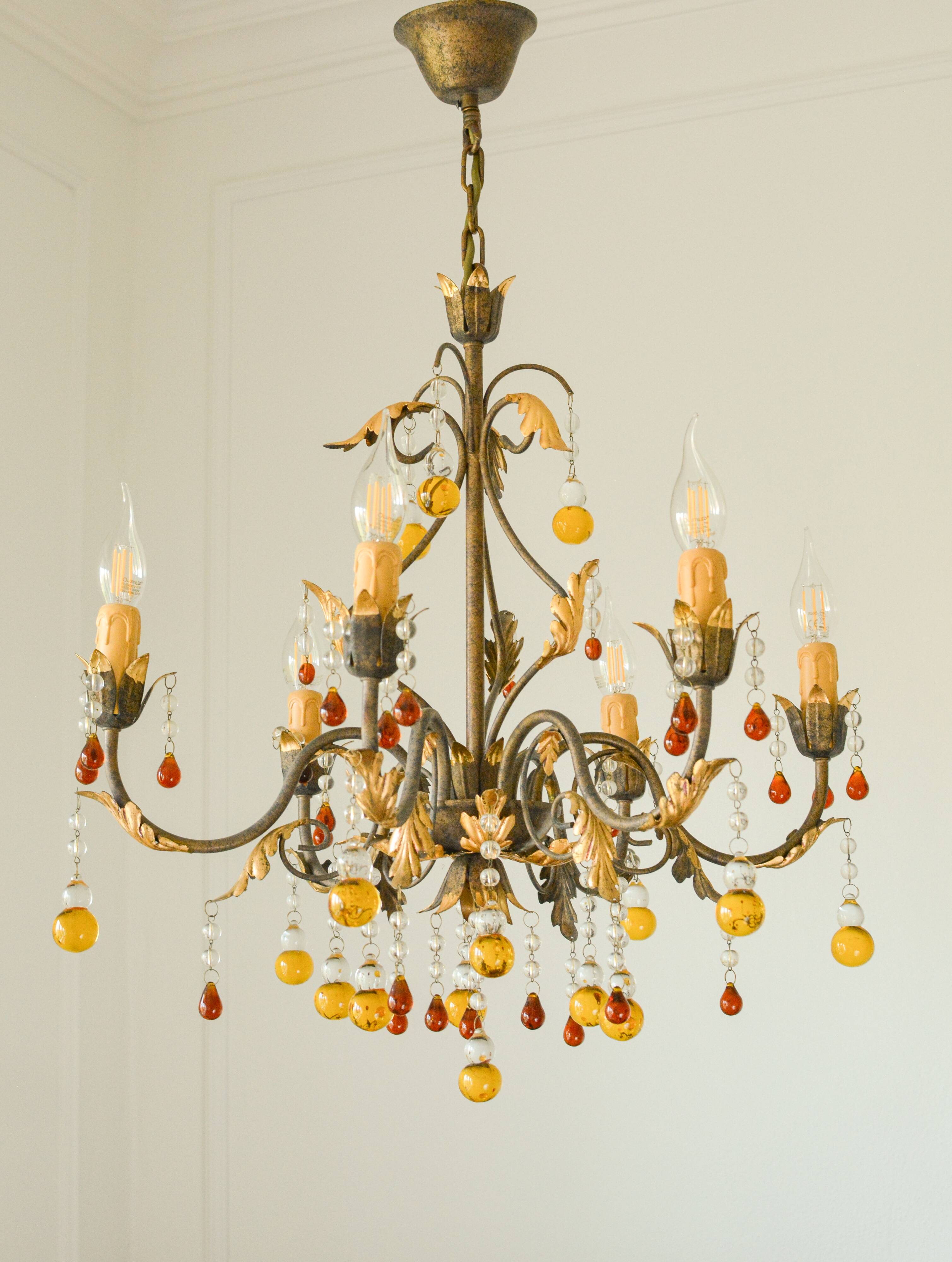 Italian vintage chandelier with Murano glass pendants.