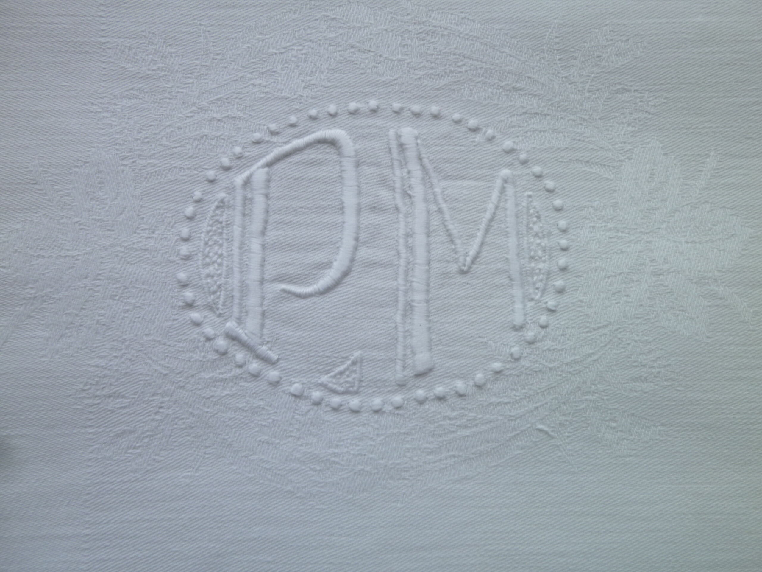 Monogrammée white damask cotton tablecloth PM 1.52 X 2.36 M