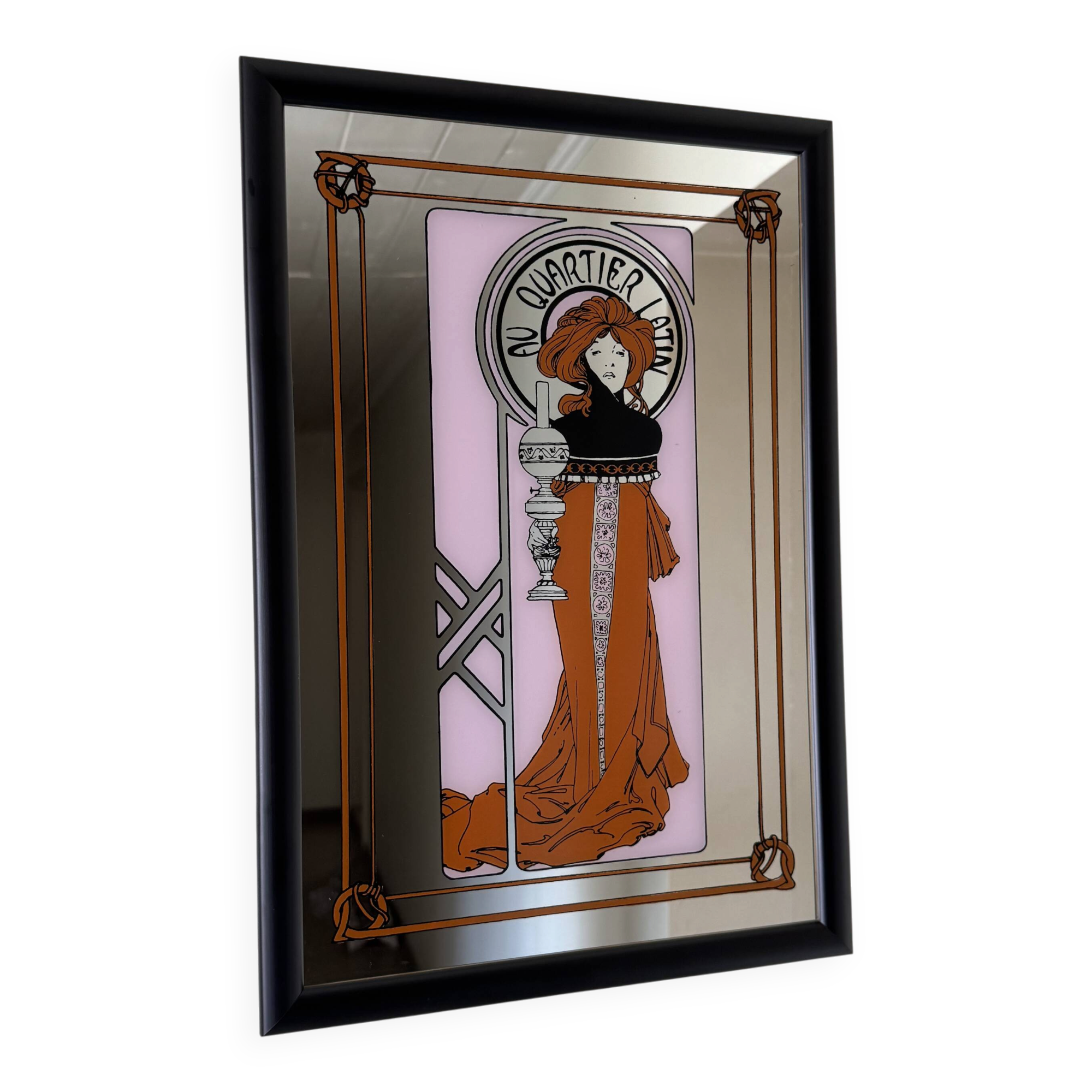 Vintage Alphonse Mucha Art Nouveau Mirror | Framed “Au Quartier Latin”
