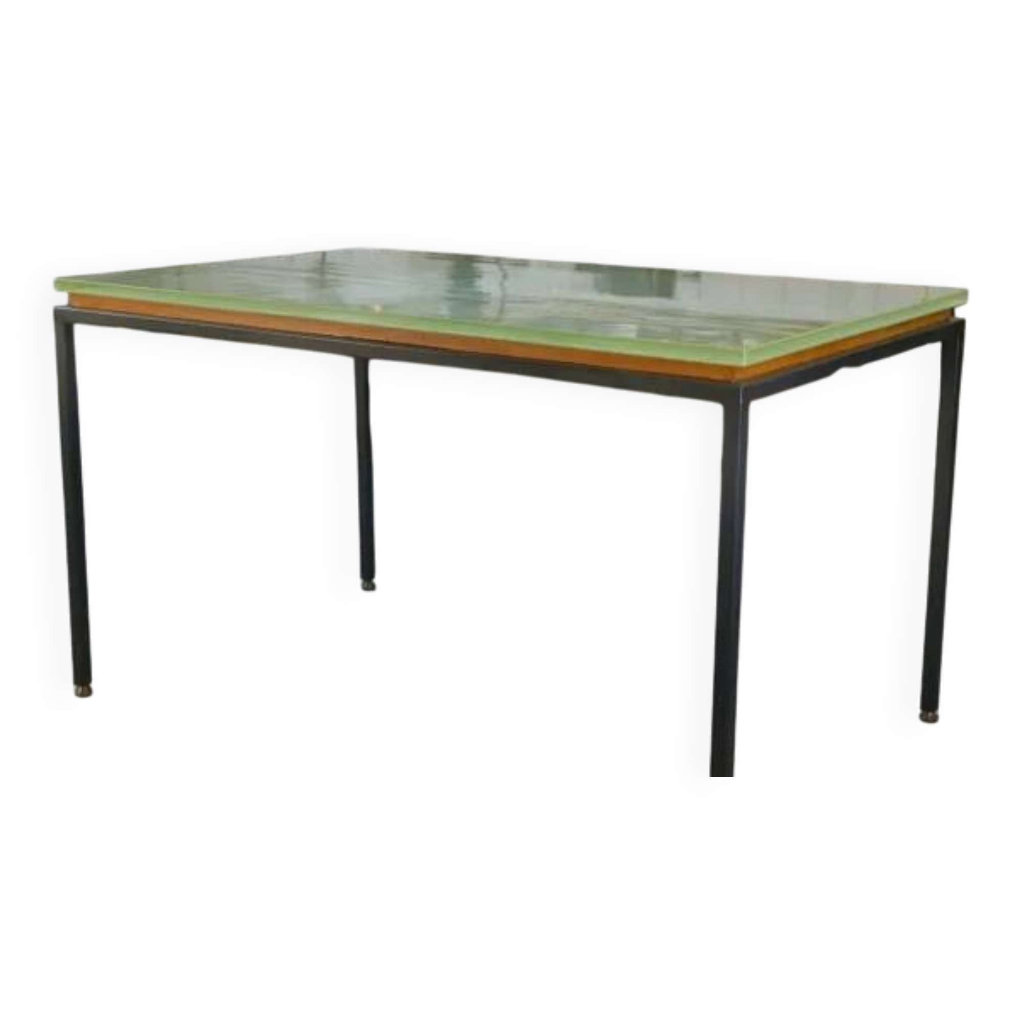Saint-Gobain glass and black lacquered metal designer table, 1960s