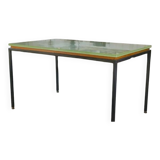 Saint-Gobain glass and black lacquered metal designer table, 1960s