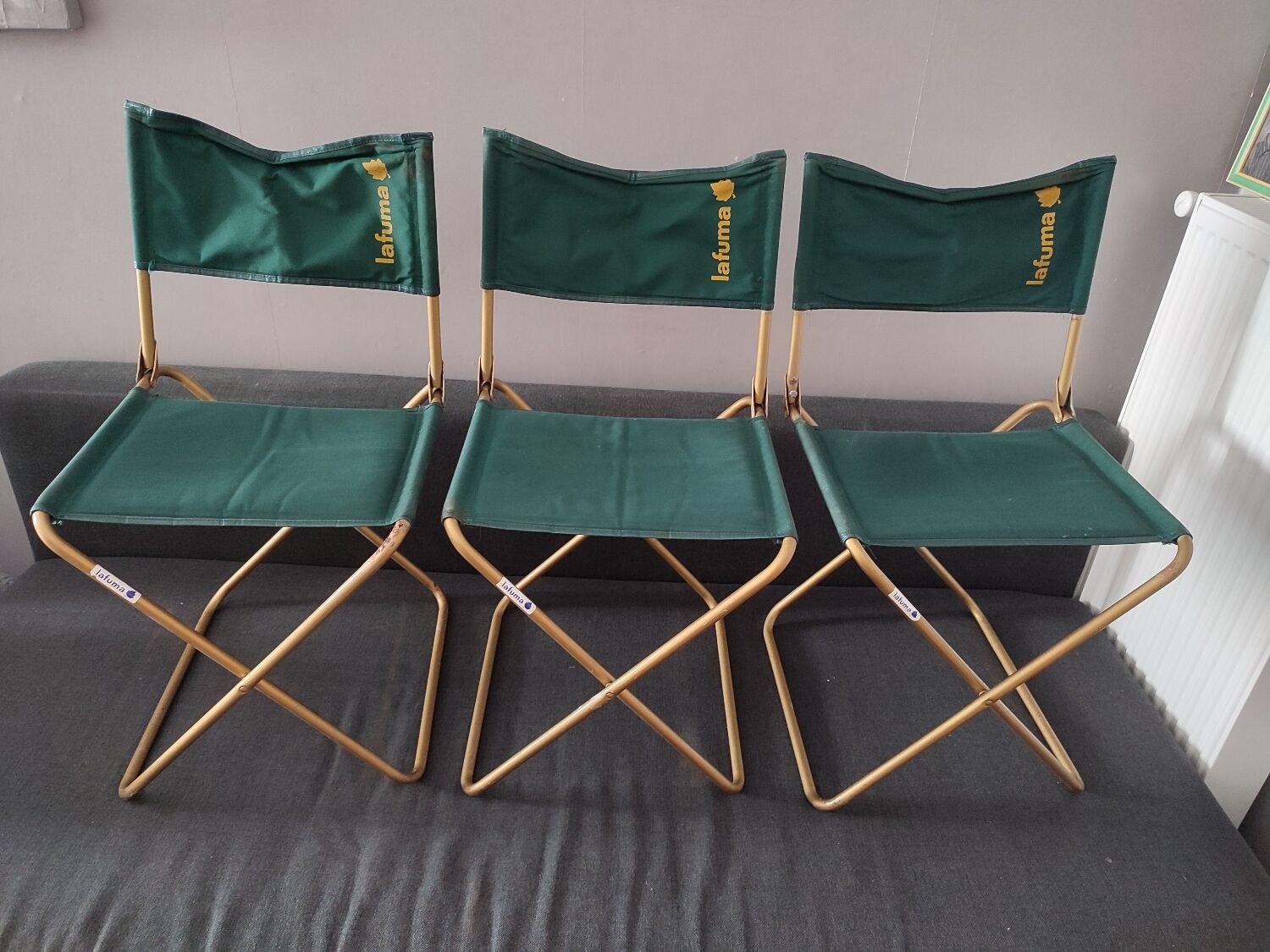 3 folding Lafuma green vintage camping seats