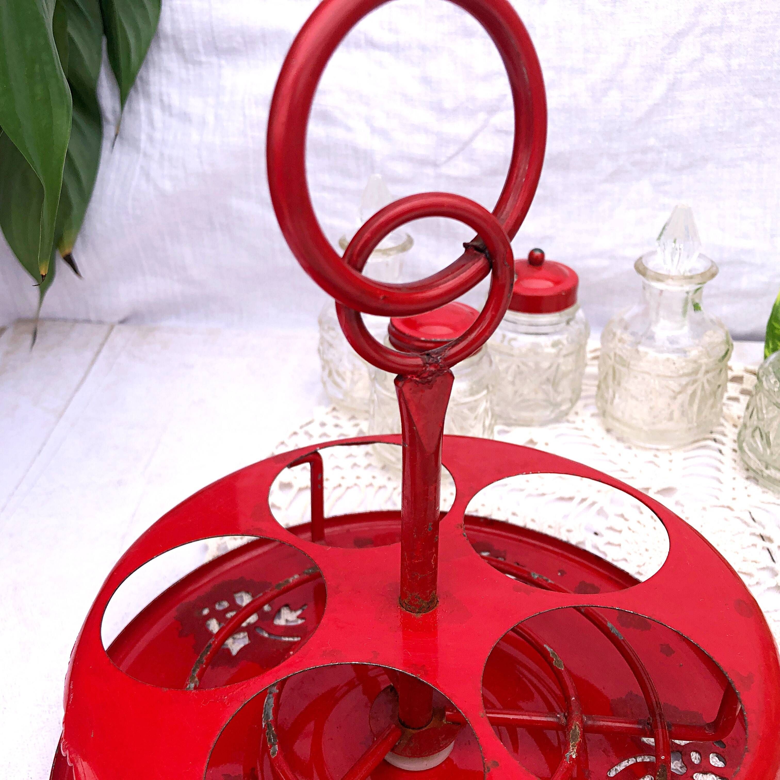Table condiment server red metal turntable 6 vintage pieces