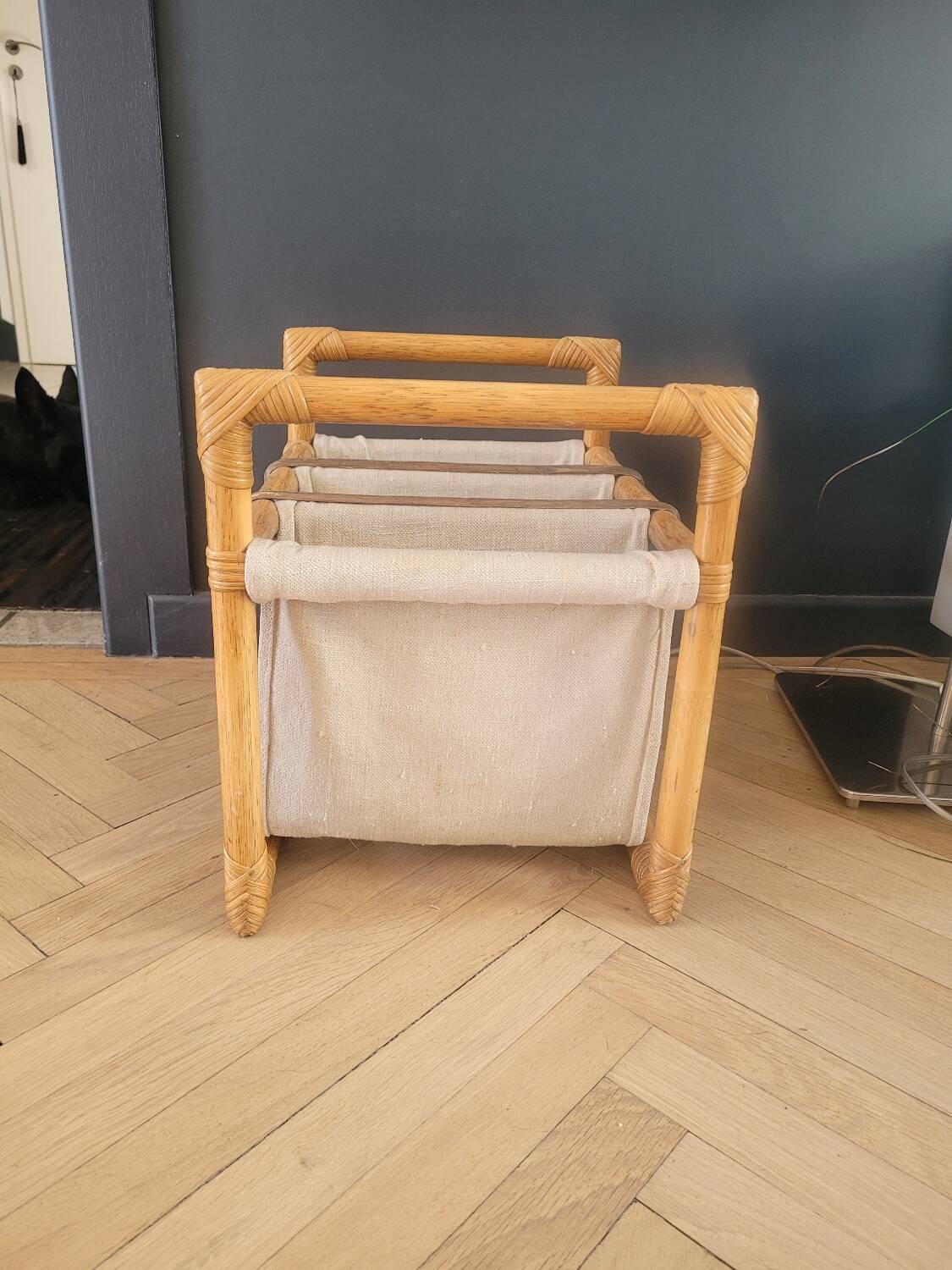 Vintage magazine rack made of bamboo, rattan and canvas